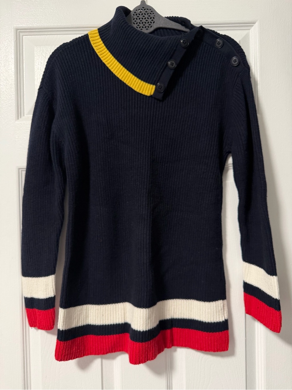 Talbots Petite MP Navy Colorblock Button Neck Cotton Sweater Tunic - Picture 3 of 9